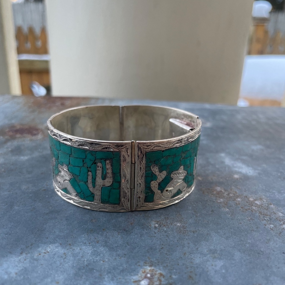 Vintage Mexico Sterling Turquoise Inlay Link Bracelet 6.5" - Picture 5 of 6